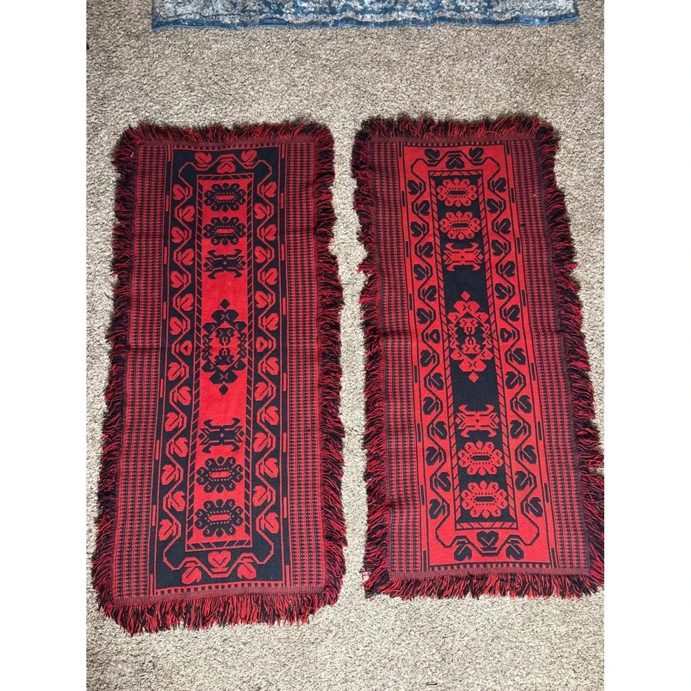 Vintage Polish Folk Wool Blanket Set Large Tapestry Throw Runner Mats Red Black